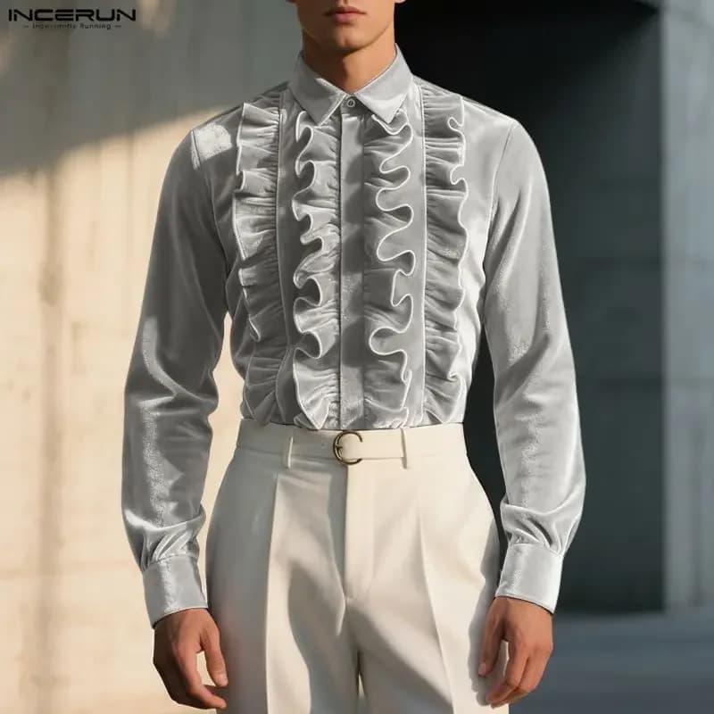 Men's Velour Long-Sleeve Shirt with Ruffle Lapel