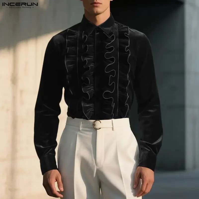 Men's Velour Long-Sleeve Shirt with Ruffle Lapel