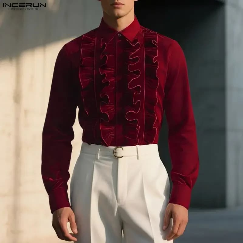Men's Velour Long-Sleeve Shirt with Ruffle Lapel